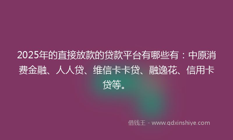 2025年的直接放款的贷款平台有哪些有：中原消费金融、人人贷、维信卡卡贷、融逸花、信用卡贷等。