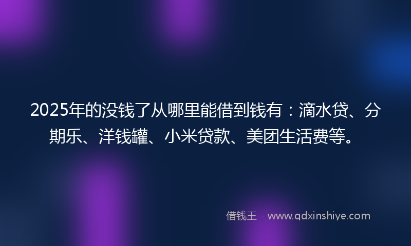 2025年的没钱了从哪里能借到钱有：滴水贷、分期乐、洋钱罐、小米贷款、美团生活费等。