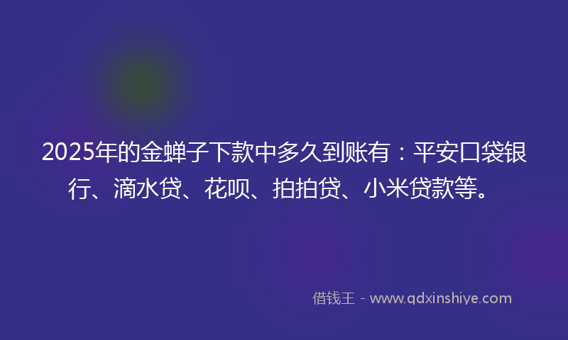 2025年的金蝉子下款中多久到账有：平安口袋银行、滴水贷、花呗、拍拍贷、小米贷款等。