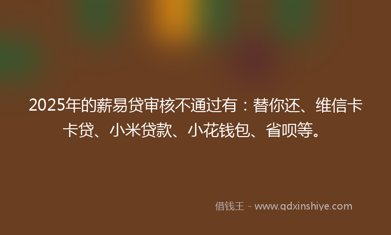 2025年的薪易贷审核不通过有：替你还、维信卡卡贷、小米贷款、小花钱包、省呗等。
