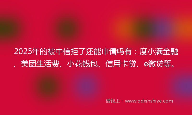 2025年的被中信拒了还能申请吗有：度小满金融、美团生活费、小花钱包、信用卡贷、e微贷等。