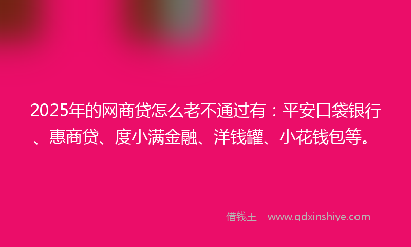2025年的网商贷怎么老不通过有：平安口袋银行、惠商贷、度小满金融、洋钱罐、小花钱包等。