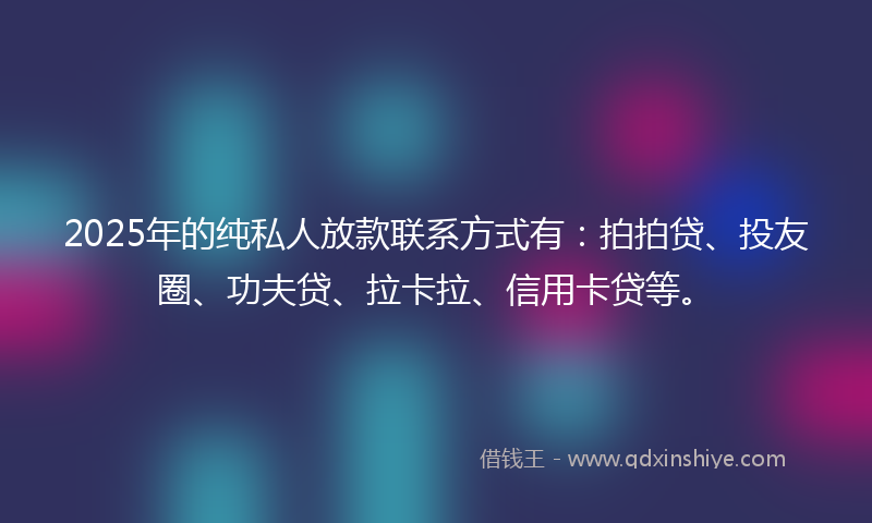 2025年的纯私人放款联系方式有：拍拍贷、投友圈、功夫贷、拉卡拉、信用卡贷等。