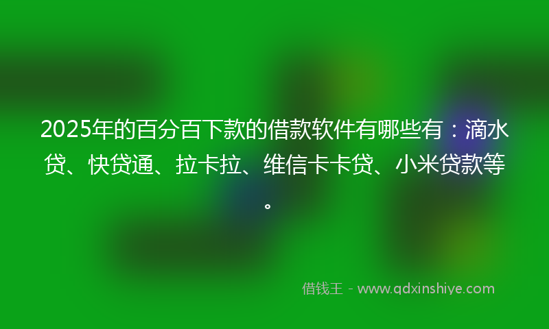 2025年的百分百下款的借款软件有哪些有：滴水贷、快贷通、拉卡拉、维信卡卡贷、小米贷款等。