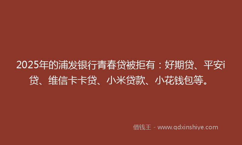 2025年的浦发银行青春贷被拒有：好期贷、平安i贷、维信卡卡贷、小米贷款、小花钱包等。