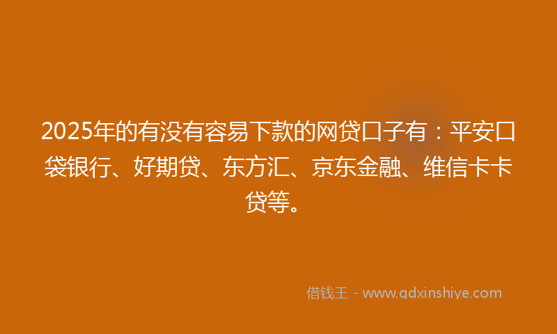2025年的有没有容易下款的网贷口子有：平安口袋银行、好期贷、东方汇、京东金融、维信卡卡贷等。
