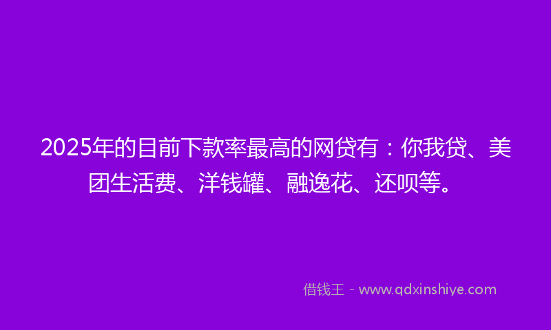2025年的目前下款率最高的网贷有：你我贷、美团生活费、洋钱罐、融逸花、还呗等。