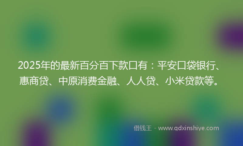 2025年的最新百分百下款口有：平安口袋银行、惠商贷、中原消费金融、人人贷、小米贷款等。