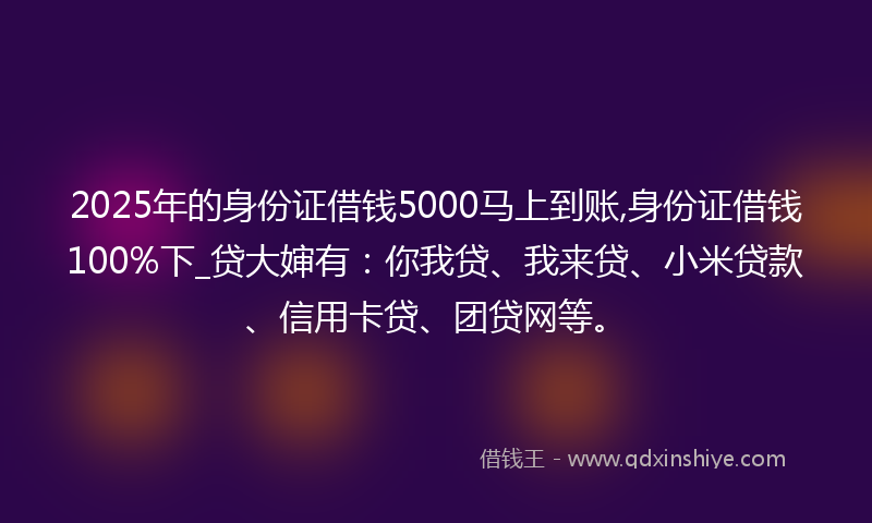 2025年的身份证借钱5000马上到账,身份证借钱100%下_贷大婶有：你我贷、我来贷、小米贷款、信用卡贷、团贷网等。