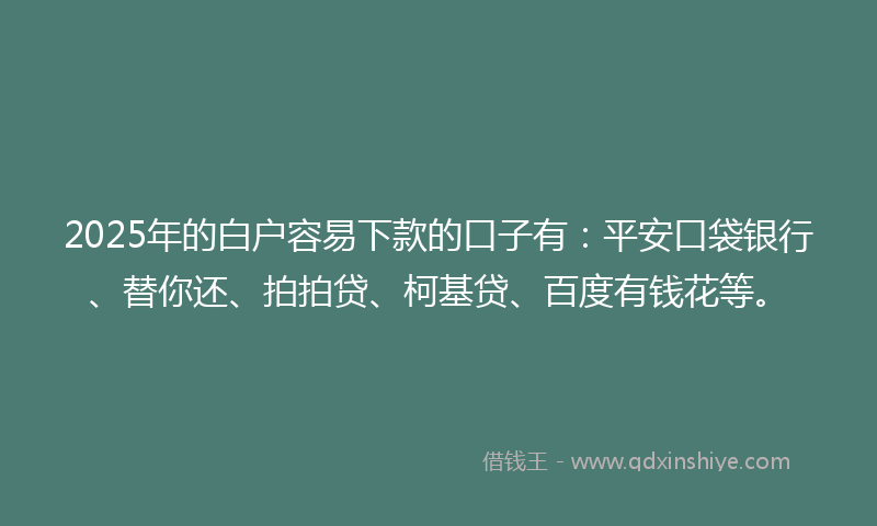 2025年的白户容易下款的口子有：平安口袋银行、替你还、拍拍贷、柯基贷、百度有钱花等。