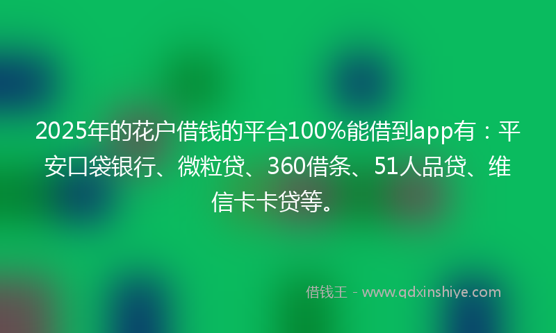 2025年的花户借钱的平台100%能借到app有：平安口袋银行、微粒贷、360借条、51人品贷、维信卡卡贷等。