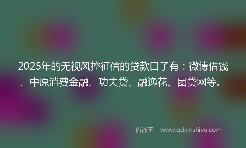 2025年的无视风控征信的贷款口子有：微博借钱、中原消费金融、功夫贷、融逸花、团贷网等。