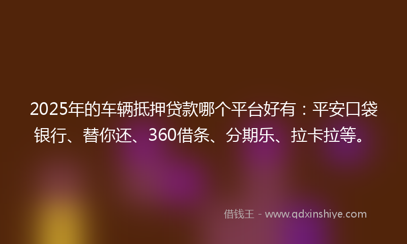 2025年的车辆抵押贷款哪个平台好有：平安口袋银行、替你还、360借条、分期乐、拉卡拉等。