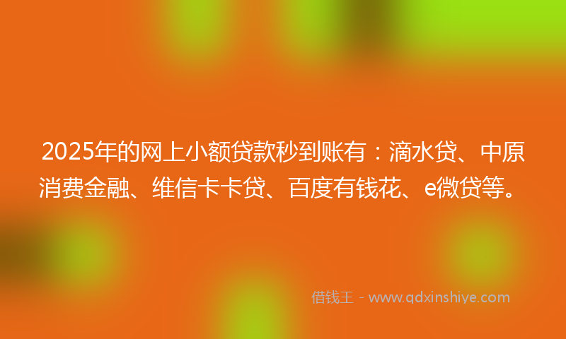 2025年的网上小额贷款秒到账有:滴水贷、中原消费金融、维信卡卡贷、百度有钱花、e微贷等。