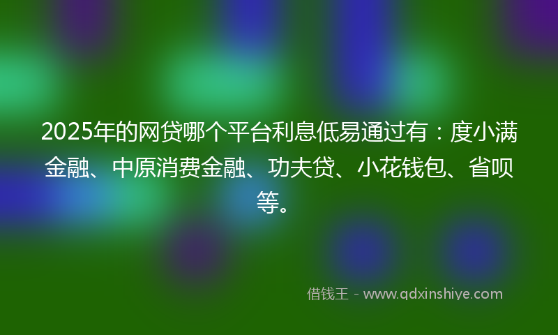 2025年的网贷哪个平台利息低易通过有：度小满金融、中原消费金融、功夫贷、小花钱包、省呗等。