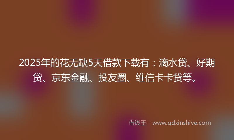 2025年的花无缺5天借款下载有：滴水贷、好期贷、京东金融、投友圈、维信卡卡贷等。