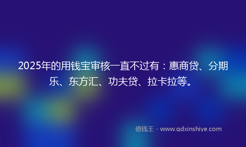 2025年的用钱宝审核一直不过有：惠商贷、分期乐、东方汇、功夫贷、拉卡拉等。