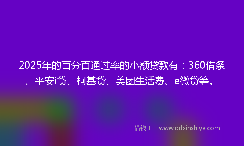2025年的百分百通过率的小额贷款有：360借条、平安i贷、柯基贷、美团生活费、e微贷等。