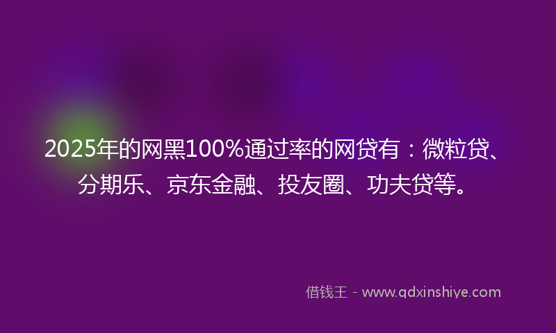 2025年的网黑100%通过率的网贷有：微粒贷、分期乐、京东金融、投友圈、功夫贷等。