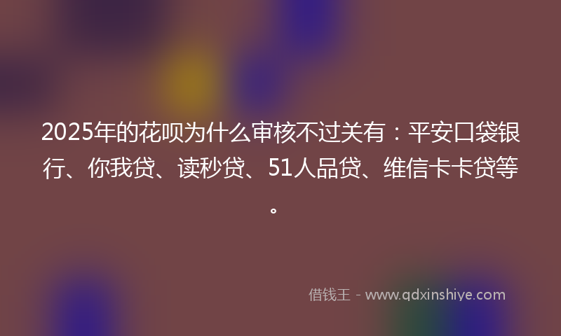 2025年的花呗为什么审核不过关有：平安口袋银行、你我贷、读秒贷、51人品贷、维信卡卡贷等。