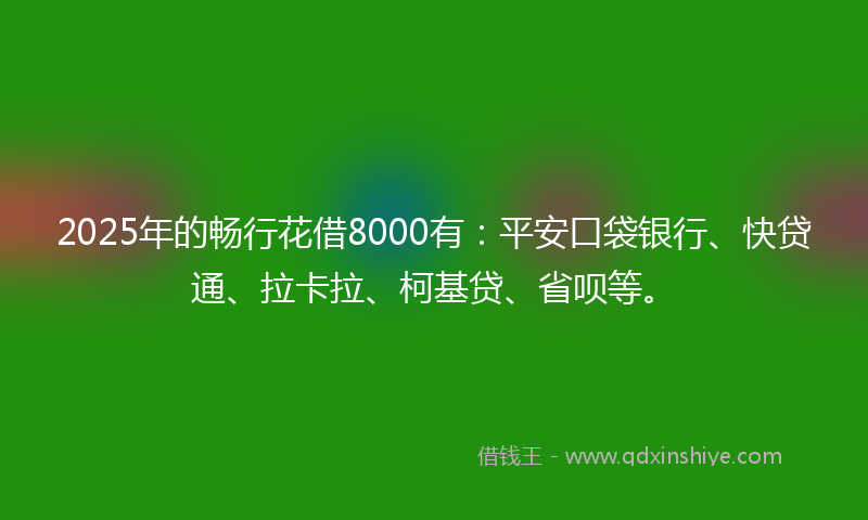 2025年的畅行花借8000有：平安口袋银行、快贷通、拉卡拉、柯基贷、省呗等。