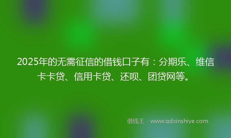 2025年的无需征信的借钱口子有：分期乐、维信卡卡贷、信用卡贷、还呗、团贷网等。