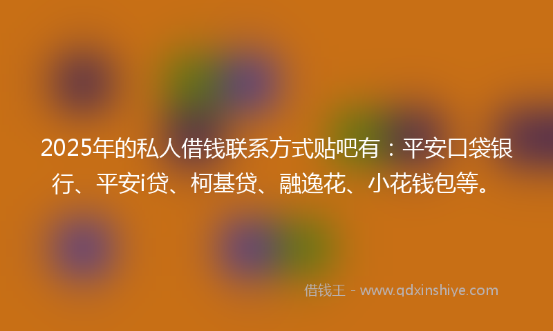 2025年的私人借钱联系方式贴吧有：平安口袋银行、平安i贷、柯基贷、融逸花、小花钱包等。