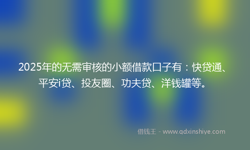 2025年的无需审核的小额借款口子有：快贷通、平安i贷、投友圈、功夫贷、洋钱罐等。
