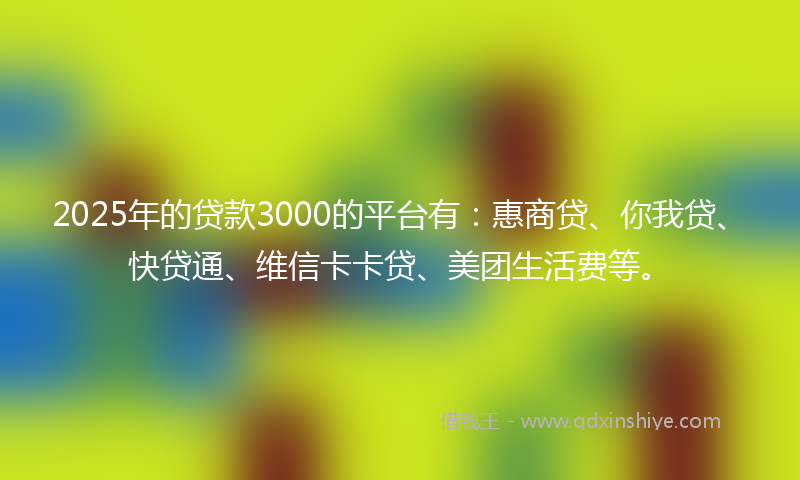 2025年的贷款3000的平台有：惠商贷、你我贷、快贷通、维信卡卡贷、美团生活费等。