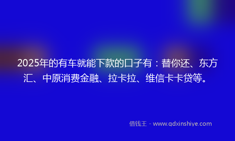 2025年的有车就能下款的口子有：替你还、东方汇、中原消费金融、拉卡拉、维信卡卡贷等。