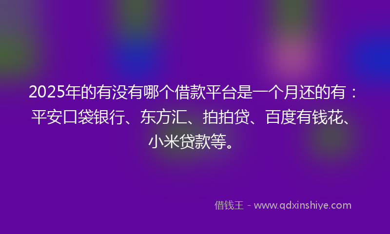2025年的有没有哪个借款平台是一个月还的有：平安口袋银行、东方汇、拍拍贷、百度有钱花、小米贷款等。