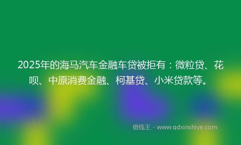 2025年的海马汽车金融车贷被拒有：微粒贷、花呗、中原消费金融、柯基贷、小米贷款等。
