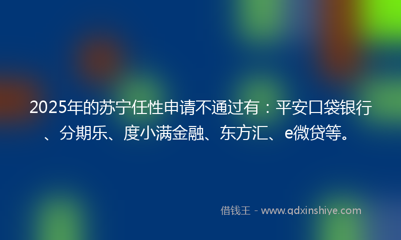 2025年的苏宁任性申请不通过有：平安口袋银行、分期乐、度小满金融、东方汇、e微贷等。