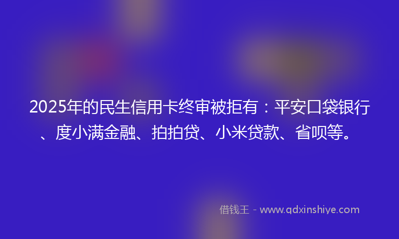 2025年的民生信用卡终审被拒有：平安口袋银行、度小满金融、拍拍贷、小米贷款、省呗等。
