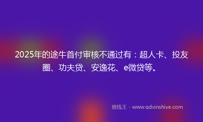 2025年的途牛首付审核不通过有：超人卡、投友圈、功夫贷、安逸花、e微贷等。