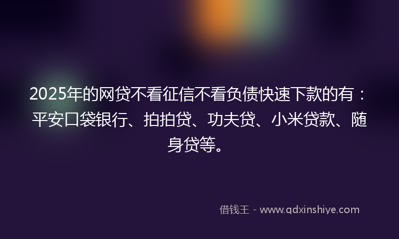 2025年的网贷不看征信不看负债快速下款的有：平安口袋银行、拍拍贷、功夫贷、小米贷款、随身贷等。