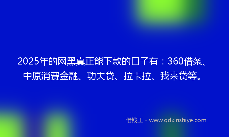 2025年的网黑真正能下款的口子有：360借条、中原消费金融、功夫贷、拉卡拉、我来贷等。
