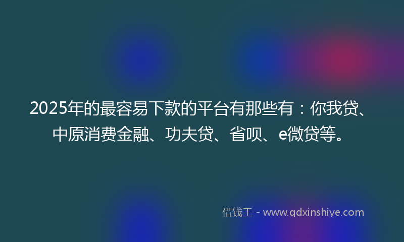 2025年的最容易下款的平台有那些有：你我贷、中原消费金融、功夫贷、省呗、e微贷等。