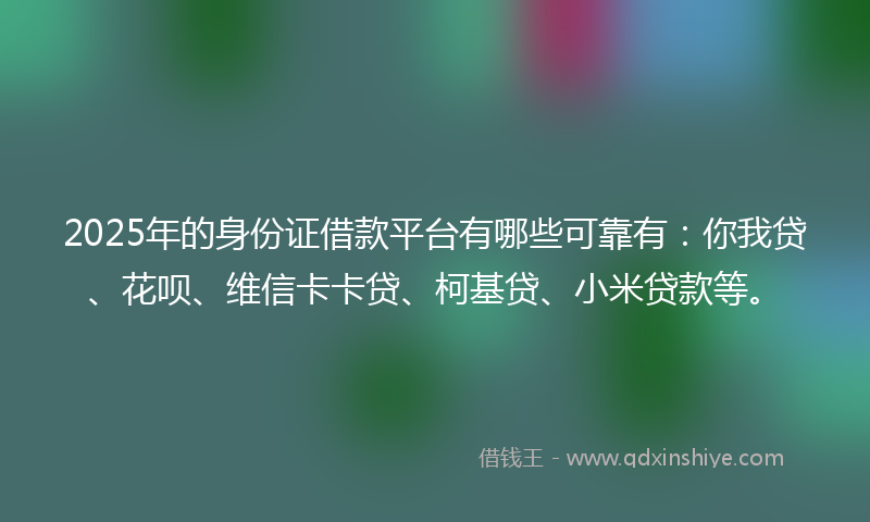 2025年的身份证借款平台有哪些可靠有：你我贷、花呗、维信卡卡贷、柯基贷、小米贷款等。