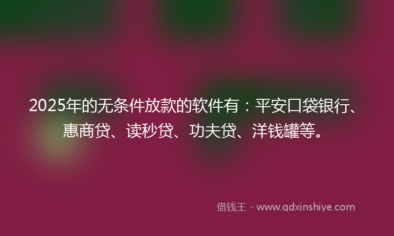 2025年的无条件放款的软件有：平安口袋银行、惠商贷、读秒贷、功夫贷、洋钱罐等。