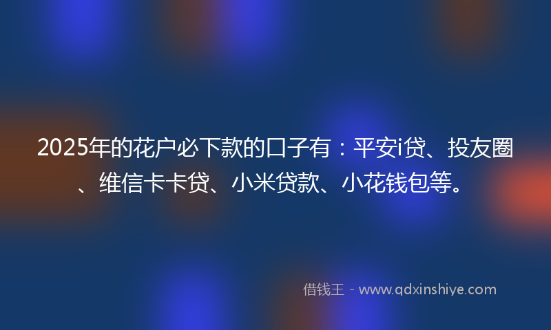 2025年的花户必下款的口子有：平安i贷、投友圈、维信卡卡贷、小米贷款、小花钱包等。