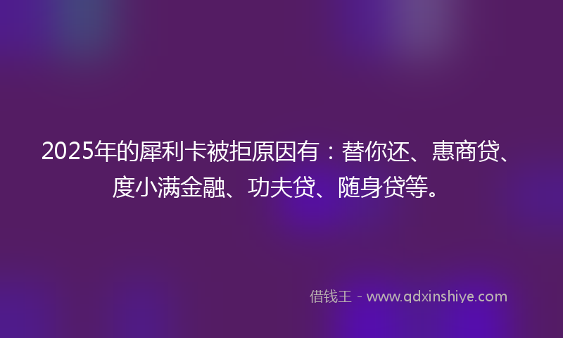 2025年的犀利卡被拒原因有：替你还、惠商贷、度小满金融、功夫贷、随身贷等。