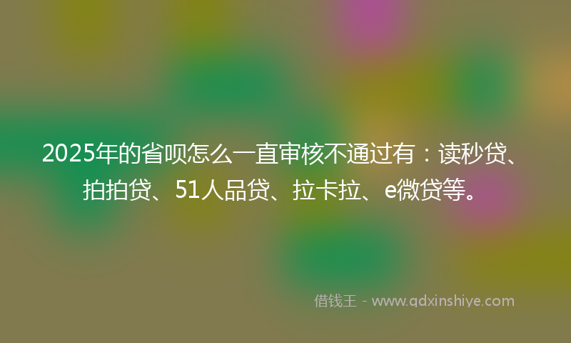 2025年的省呗怎么一直审核不通过有：读秒贷、拍拍贷、51人品贷、拉卡拉、e微贷等。