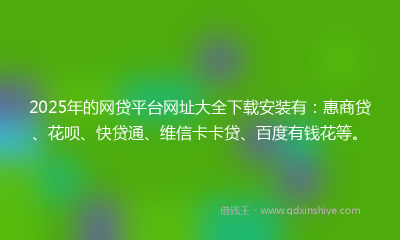 2025年的网贷平台网址大全下载安装有：惠商贷、花呗、快贷通、维信卡卡贷、百度有钱花等。