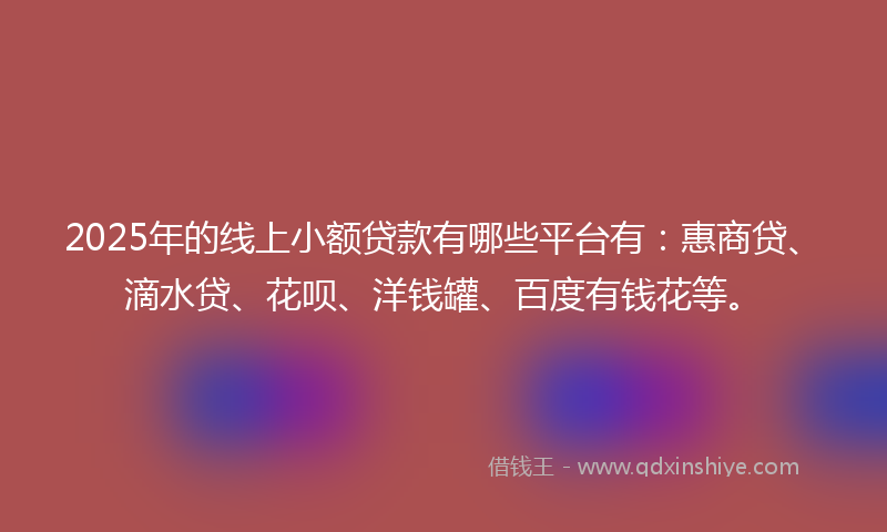 2025年的线上小额贷款有哪些平台有：惠商贷、滴水贷、花呗、洋钱罐、百度有钱花等。