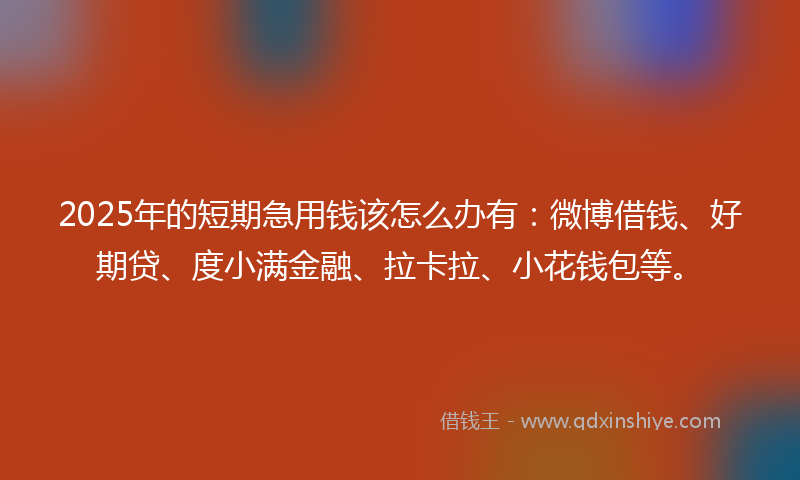 2025年的短期急用钱该怎么办有:微博借钱、好期贷、度小满金融、拉卡拉、小花钱包等。