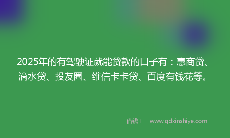 2025年的有驾驶证就能贷款的口子有：惠商贷、滴水贷、投友圈、维信卡卡贷、百度有钱花等。
