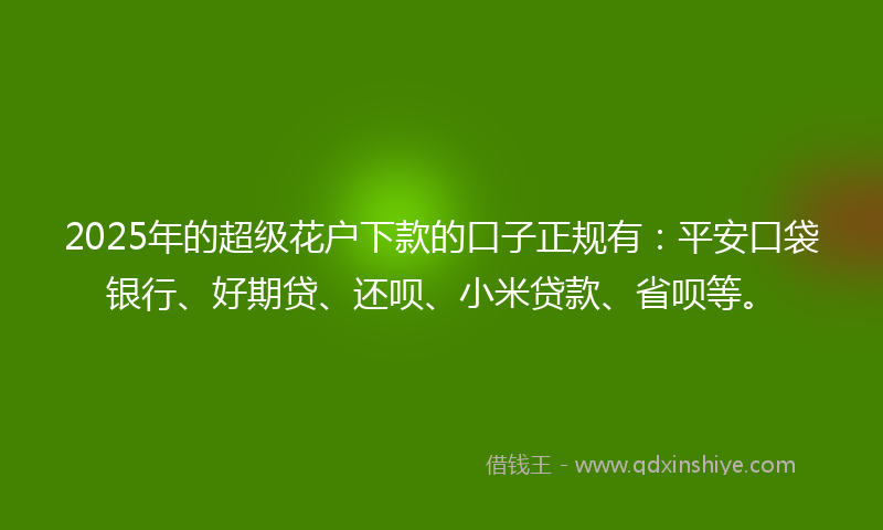 2025年的超级花户下款的口子正规有：平安口袋银行、好期贷、还呗、小米贷款、省呗等。