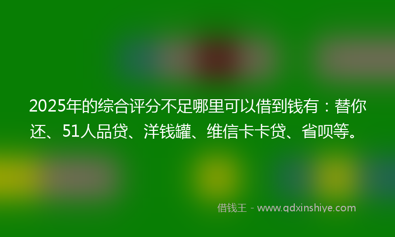 2025年的综合评分不足哪里可以借到钱有：替你还、51人品贷、洋钱罐、维信卡卡贷、省呗等。