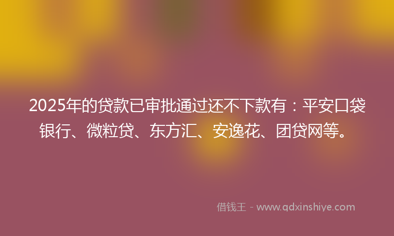 2025年的贷款已审批通过还不下款有：平安口袋银行、微粒贷、东方汇、安逸花、团贷网等。